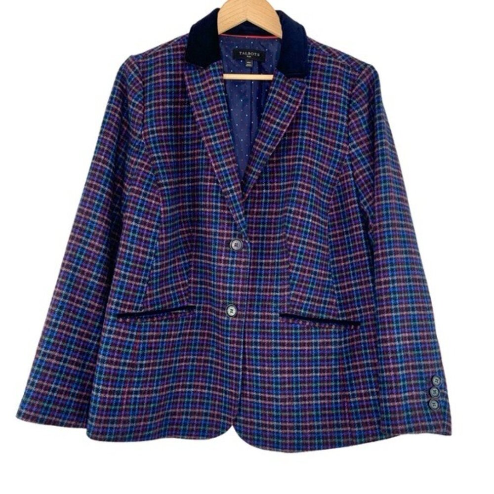 Talbots Plaid Shetland Wool Mistletoe Blazer with Blue Velvet Collar - Picture 2 of 6